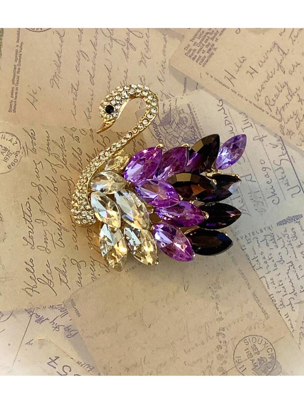 Sparkly Swan Brooch with Purple & Clear Rhinestones - Glam Accessory